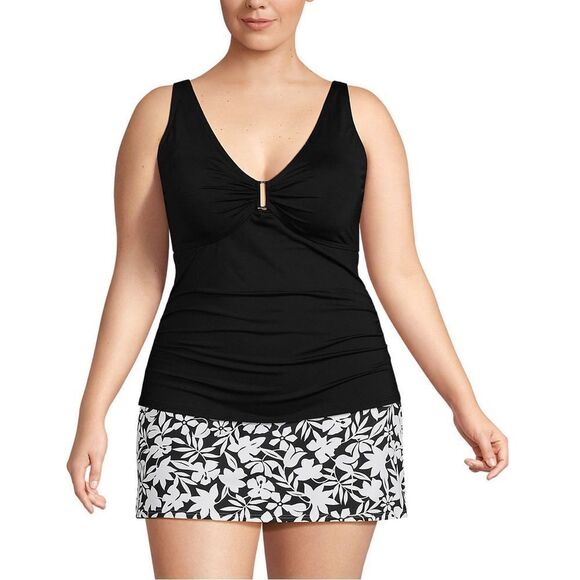 Land's End Tankini Shirred V Neck chlorine resist metal keyhole design Black M - Picture 4 of 7